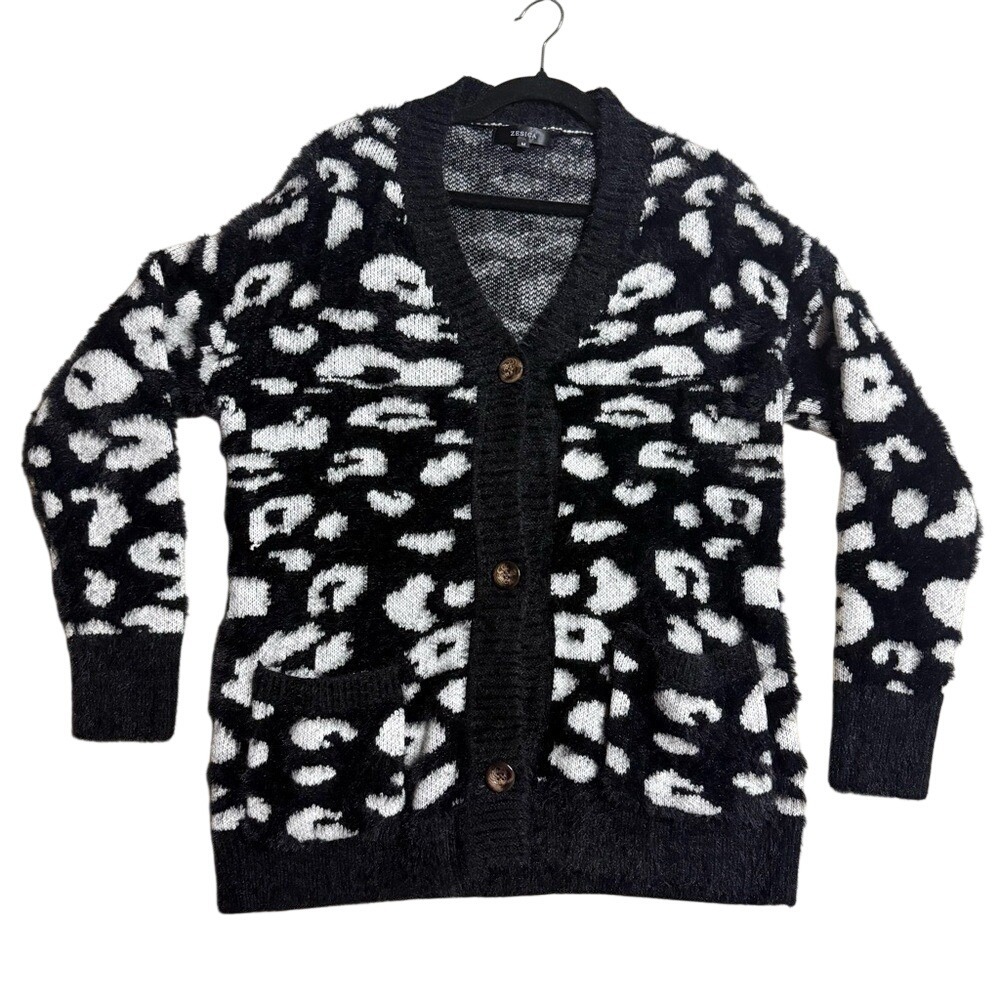 Zesica Women‎ Black White Leopard Print Cardigan FauxFur Soft Winter Medium
